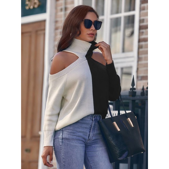 Ribbed Two Toned cold Shoulder cutout Turtleneck Sweater white black - Picture 3 of 6
